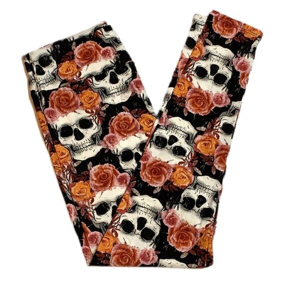LuLaRoe Halloween Candy Skull Floral Orange Black Leggings OS Size 2-10 Comfy - Picture 1 of 2